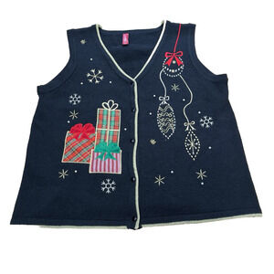 Vintage Holiday Time Christmas Sweater Vest Gifts Presents Bulbs Size XL Black